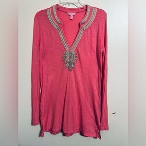 Lilly Pulitzer Emerson Tunic Women’s M Cotton Pink Gold Trim Long Sleeve Peru